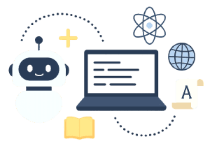 AI robot with educational symbols and laptop creating lessons